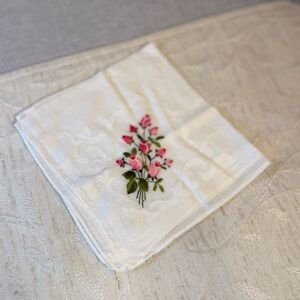 Vintage white linen handkerchief embroidered pink rosebuds and green stems